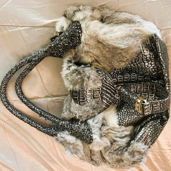 Handbags - Silver Embossed Leather Fur Tote with Built-In Wallet Norway Boutique
